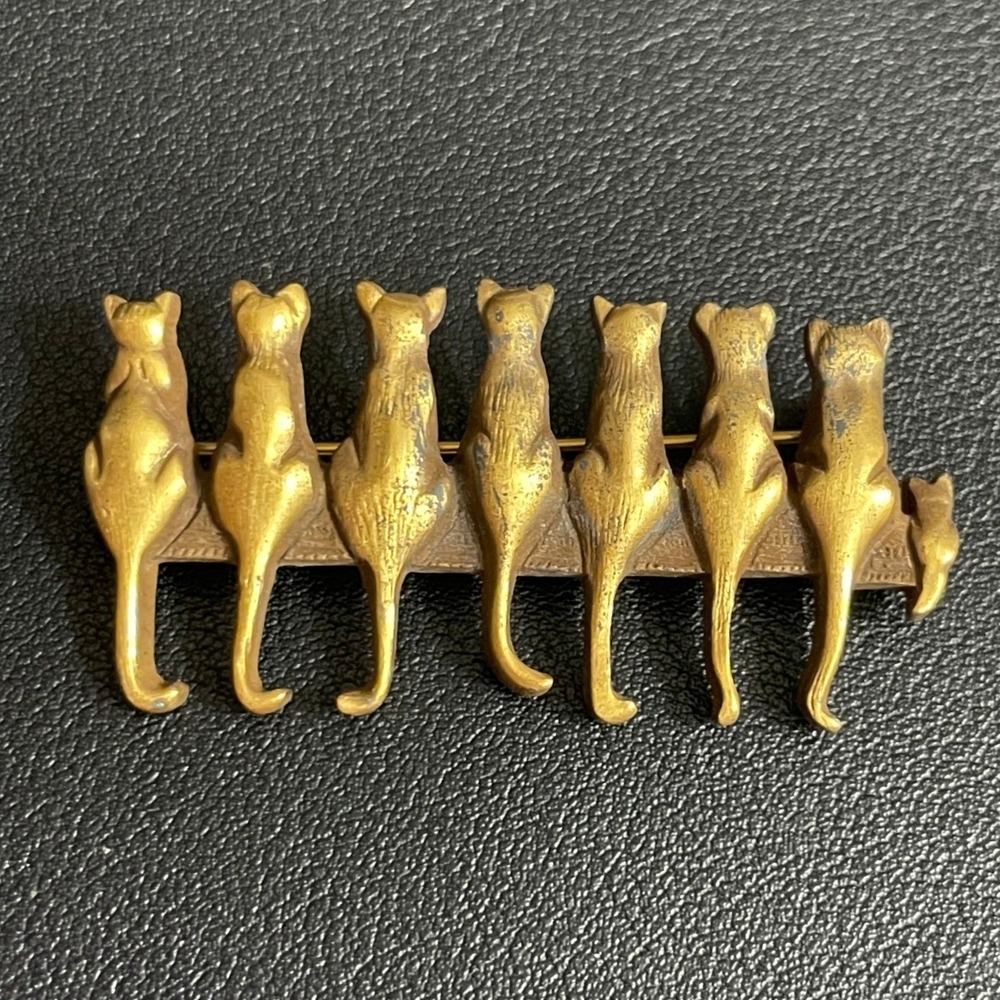Vintage Kitty Cat Brooch Kitten Fence Pin Gold Tone